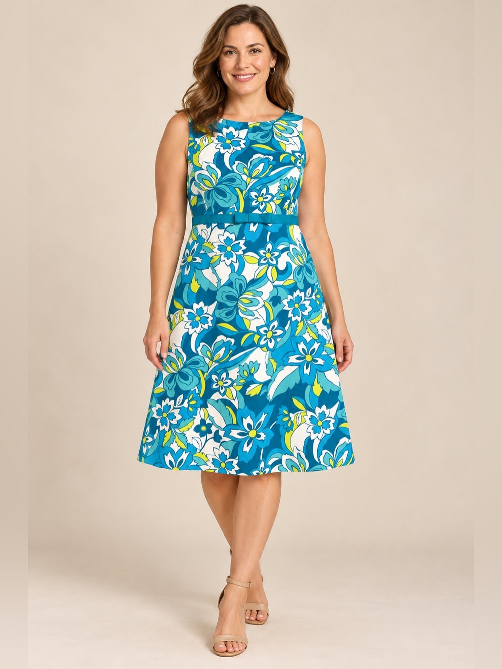 Sag Harbor Turquoise Floral Sleeveless A-Line Dress size 10 /cotton